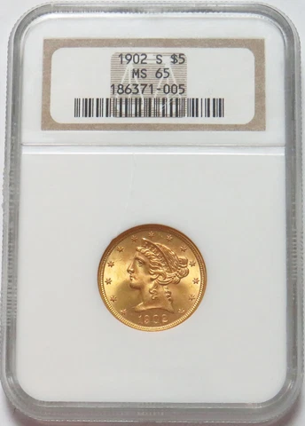 1902 S GOLD USA $5 LIBERTY HEAD HALF EAGLE COIN NGC MINT STATE 65 PQ Cover