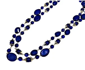 Blue bead double row fashion necklace with silver caps, multi strand neck NEW - Picture 1 of 10