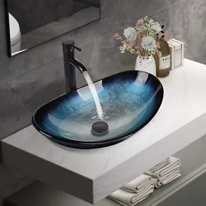 Badezimmer Gefäßspüle Hartglas Waschbecken Schüssel ORB Wasserhahn Pop-up Abfluss Combo Set - Bild 1 von 12