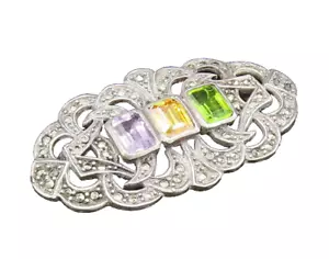 925 Silver Vintage Amethyst Citrine Peridot & Marcasite Brooch Pin BP9584 - Picture 1 of 9