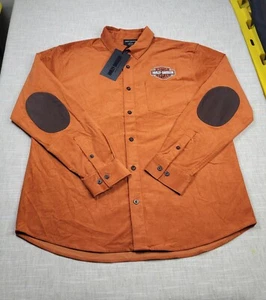 Harley Davidson Corduroy Button Up Shirt XL Mens Orange Brown Elbow Patch LS - Picture 1 of 12