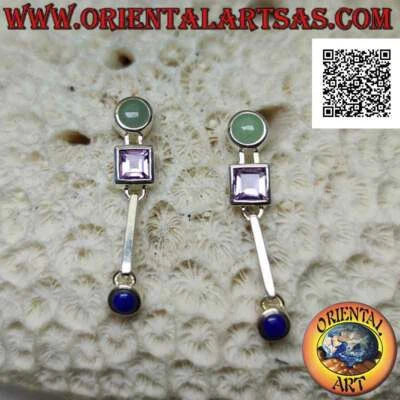 Orecchini Argento 925‰ da lobo con giada, ametista e lapislazzuli su montatura l - Immagine 1 di 4