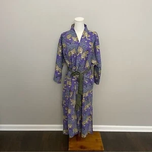 PrintFresh Robe Kimono Pockets Belt Organic Cotton Leopard Botanical Purple - Picture 1 of 10