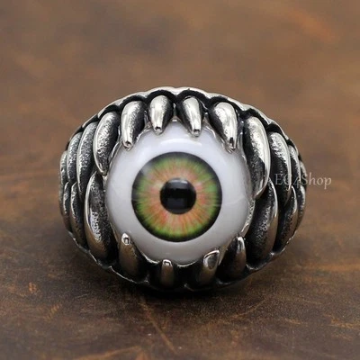 Anillo de acero inoxidable 316L globo ocular amarillo ámbar dientes de dragón punk para hombre Foto 1 de 4