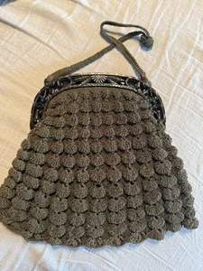 vintage ART DECO celluloid LUCITE? popcorn CROCHETED dark GREEN handbag PURSE - Picture 1 of 18
