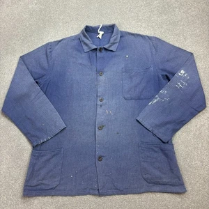 VTG French Jacket Adult Large Blue Herringbone Workwear Faded Chore Canvas Mens - Picture 1 of 8