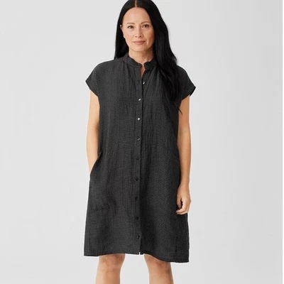 Eileen Fisher Dress Large NWT $228 Mandarin Collar Gingham Black Organic Linen - Image 1 of 4