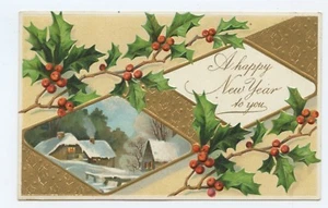 Ein frohes neues Jahr geprägte Stechpalme Hütte Postkarte - Bild 1 von 2