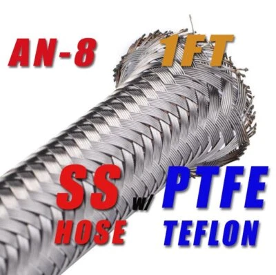 AN 8 8AN 7/16" 10mm Stainless Steel  PTFE Ethanol Fuel Oil Hose Line 1ft + - Image 1 of 4