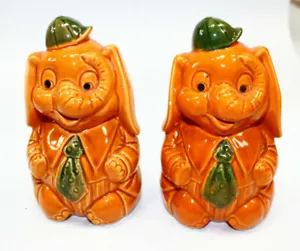 Vintage Circus Elephants Salt Pepper Shakers Japan 4.5" Orange Brown Green Hat - Picture 1 of 6