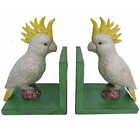 Pair of Cast Iron Cockatoo Bird Bookends Hand Painted Retro Book Ends Green Base