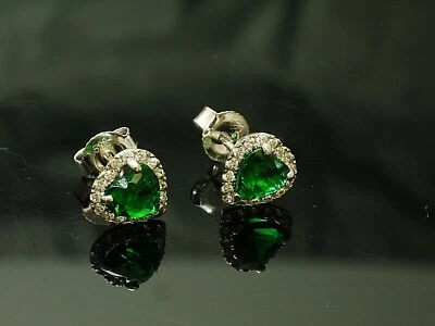 585 Weissgold Ohrstecker 1 PAAR Herz Zirkonia smaragd und  klar - Bild 1 von 4