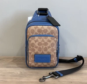 COACH CY912 Racer Sling Pack Colorblock Signature Canvas & Leather Tan/Blue - Picture 1 of 16