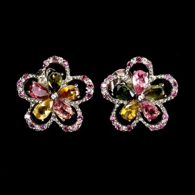 925 Sterling Silver Earrings Pear Tourmaline Rhodolite Natural Gemstone Jewelry - Image 1 of 4