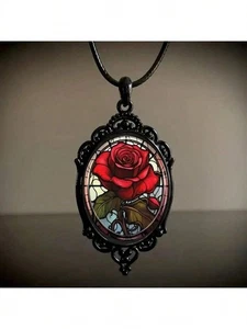 1pc New Arrival Charming Oval Glass Pendant Necklace - Red Rose In Vintage Black - Picture 1 of 3