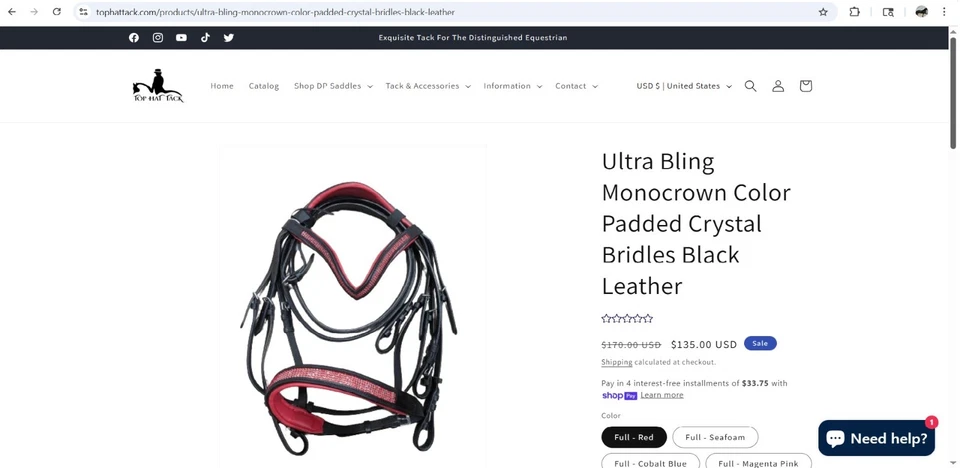Horse bridle, ergonomic monocrown black English dressage bling leather red - Image 1 of 1