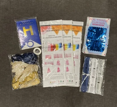 Decoración de fiesta de feliz cumpleaños borla azul/dorada/blanca, cortina de aluminio, pompones, globos. Foto 1 de 4