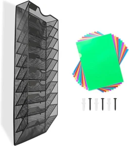 10 Tier Wall Mount File Organizer Rack Black Mesh Folders & Labels NEW - Picture 1 of 4