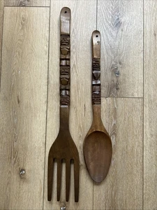 Vintage MCM Large Carved Wooden Fork and Spoon Wall Decor 27” Wood Totem - Picture 1 of 6
