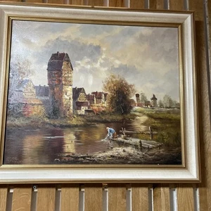 Ölgemälde auf Leinewand-Turm ,Fluss ,Fischer Signieren Gerramt -TOP Zustand - Bild 1 von 24