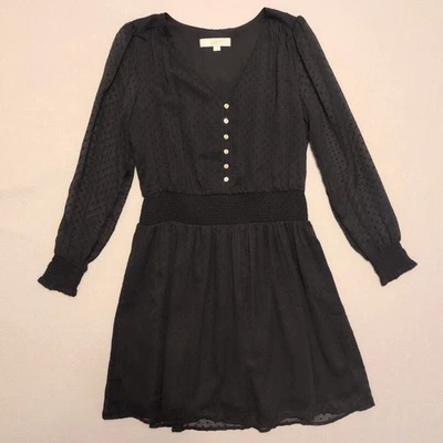 Ann Taylor LOFT Smocked Black Ponte Mini Dress Womens S Long Puff Sleeve V Neck - Image 1 of 4
