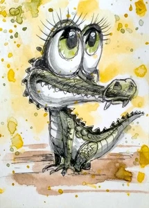 2.5x3.5, ACEO watercolour original big cartoon CROCODILE - Picture 1 of 1