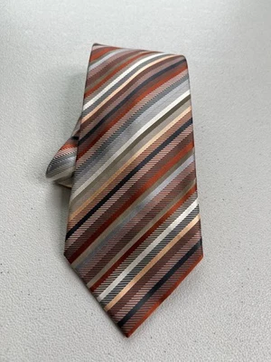 Geoffrey Beene Gray, Peach, Brown Striped Pattern 100% Silk Handmade Tie NWOT - Image 1 of 4