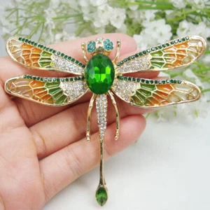Vintage Green Crystal Rhinestone Dragonfly Insect Pendant Brooch Pin Gold Tone - Picture 1 of 4