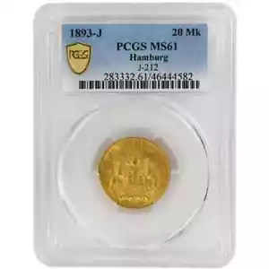 Germania, 1893-J 20 Mk Amburgo, PCGS MS61 Moneta rara - Foto 1 di 2