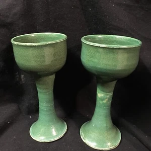 Studio Art Pottery Holiday Green Glaze Wine Water Goblet SIGNED - Picture 1 of 12