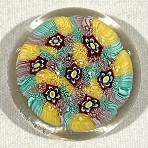 Small Vintage Murano? Concentric Millefiori Paperweight Reds Yellows Greens NICE - Picture 1 of 6