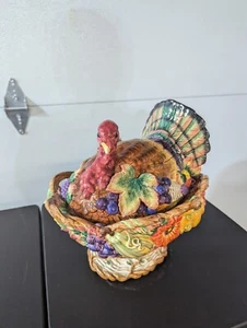 Fitz & Floyd Autumn Bounty Turkey Soup Tureen Majolica Fruits Vegetables - Picture 1 of 14