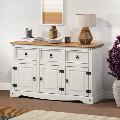 Corona Sideboard White Wax 3 Door 3 Drawer Solid Pine Dining Mercers Furniture® - Image 1 of 3