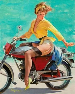 VINTAGE PINUP GIRL Gil ELVGREN CANVAS PRINT Poster Sexy Girl on motorcycle 18x12 - Picture 1 of 1