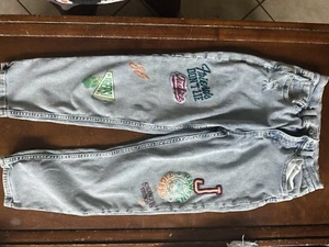 JUSTICE STRANGER THINGS GIRL Jeans Varsity Patchwork Jeans Mini Mom Jean Size 18 - Picture 1 of 4