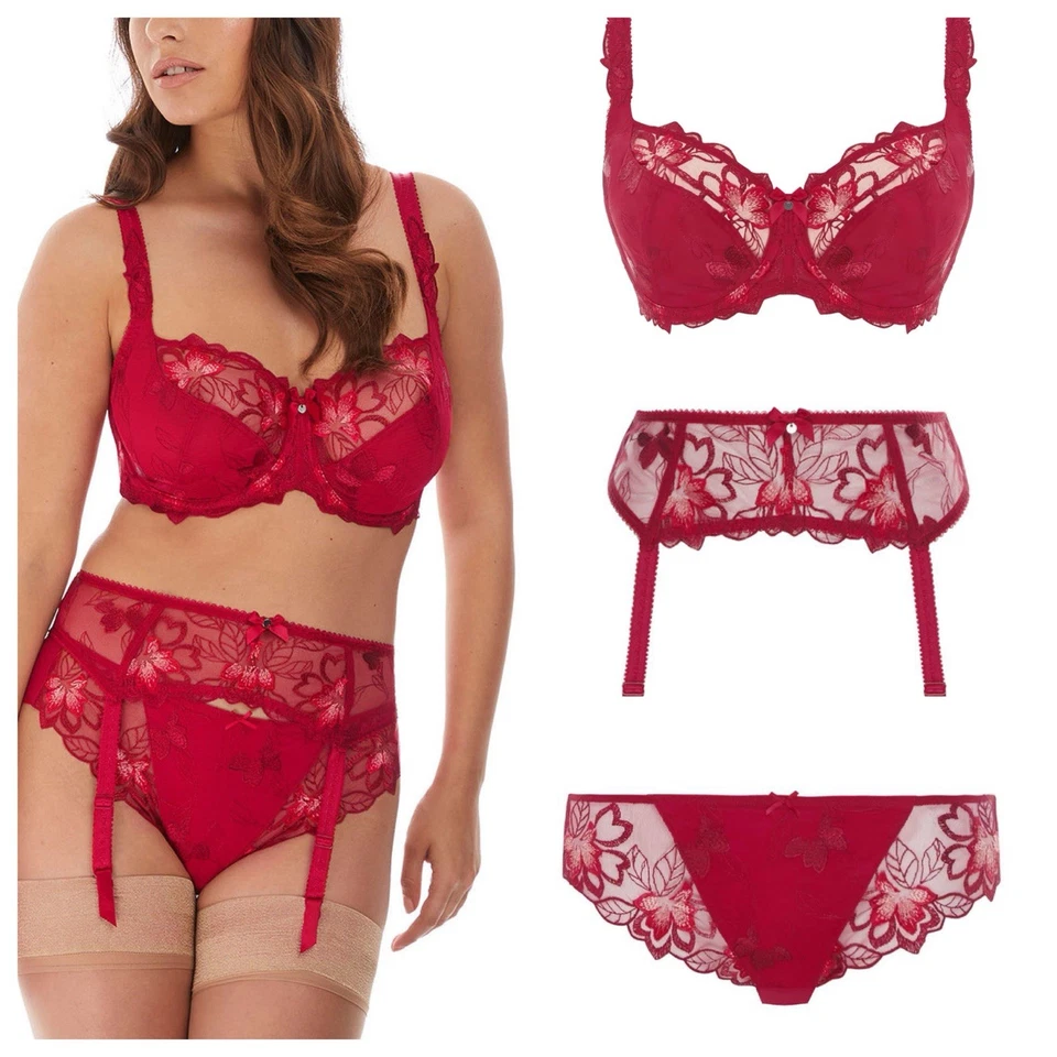 Fantasie Leona Red Lingerie 3 piece Set - Bra Brief Suspenders UK 32F S/10 - Image 1 of 4