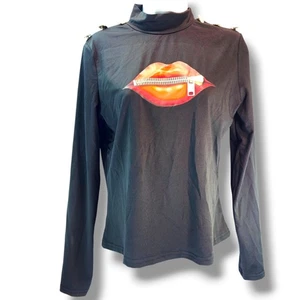 Sexy Zipper Lips Gold Shoulder Buttons T-Shirt Top Sz L Black Long Slvs Stretch - Picture 1 of 11