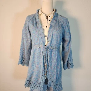 Cárdigan RoxB Azul Multicolor Tejido Crochet Ribete Corbata Frontal XL Boho Chic - Imagen 1 de 7