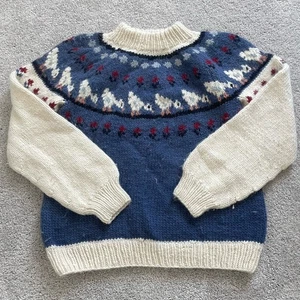 Vintage Handmade Ducks Birds Knit Virgin Wool Sweater Womens Large 70s - Picture 1 of 6