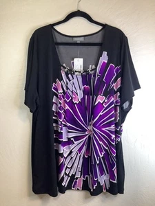 Essentials Womens 3X Fashion Black Blouse Purple Design Beaded Neckline Dressy - Picture 1 of 7
