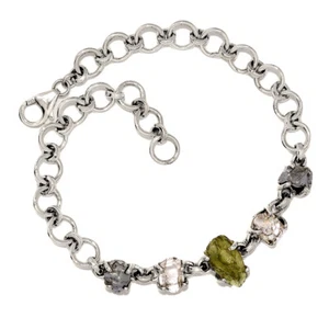Natural Genuine Czech Moldavite & Herkimer Diamond 925 Silver Bracelet SB17329 - Picture 1 of 1