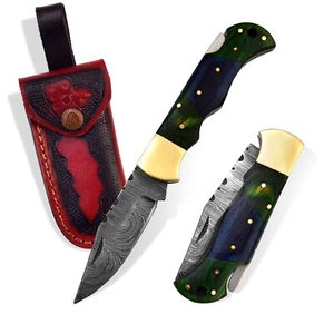 Folding Knife with Sheath, Hunting and Outdoor Use, ROSEWOOD Handle and Brass - Picture 1 of 9