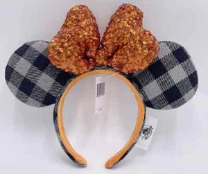 Raro copricapo a quadri Halloween orecchie paillettes fiocco arancione Topolino Disney Parks - Foto 1 di 3