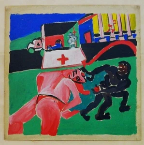 Quadro Larry Connatser 1966, firmato, datato - Strana scena con ambulanza - Foto 1 di 2