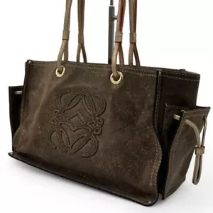 LOEWE Anagram Shopper Tote Bag Brown Suede Leather Used From Japan - Picture 1 of 16