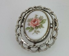 Vintage Silver Brooch Pin Painted Rose in Ornate Frame 29.2 x 24.6mm 4.6g