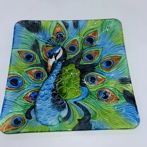 Hand Painted Peacock Art Glass Vivid Blue and Green Display Square Plate 12 x 12 - Picture 1 of 6