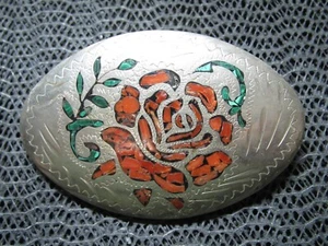 WESTERN ROSE CORAL MALACHITE INLAY COWGIRL BELT BUCKLE! VINTAGE! HAND CRAFTED! - Picture 1 of 10