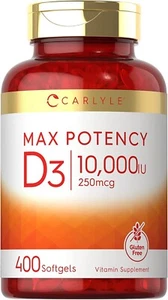 (400 ct) CARLYLE VITAMIN D3 250 MCG 10,000 IU SUPPORTS IMMUNE SYSTEM GLUTEN FREE - Picture 1 of 8