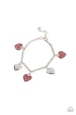 Paparazzi Bracelet- Lusty Lockets- Red- Hearts- Rhinestones - Image 1 of 2
